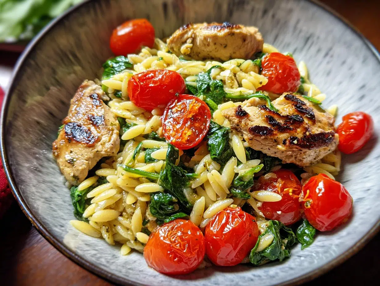 Savory Chicken Spinach Tomato Orzo: Quick Dinner - Chicken Spinach Tomato Orzo - main visual representation