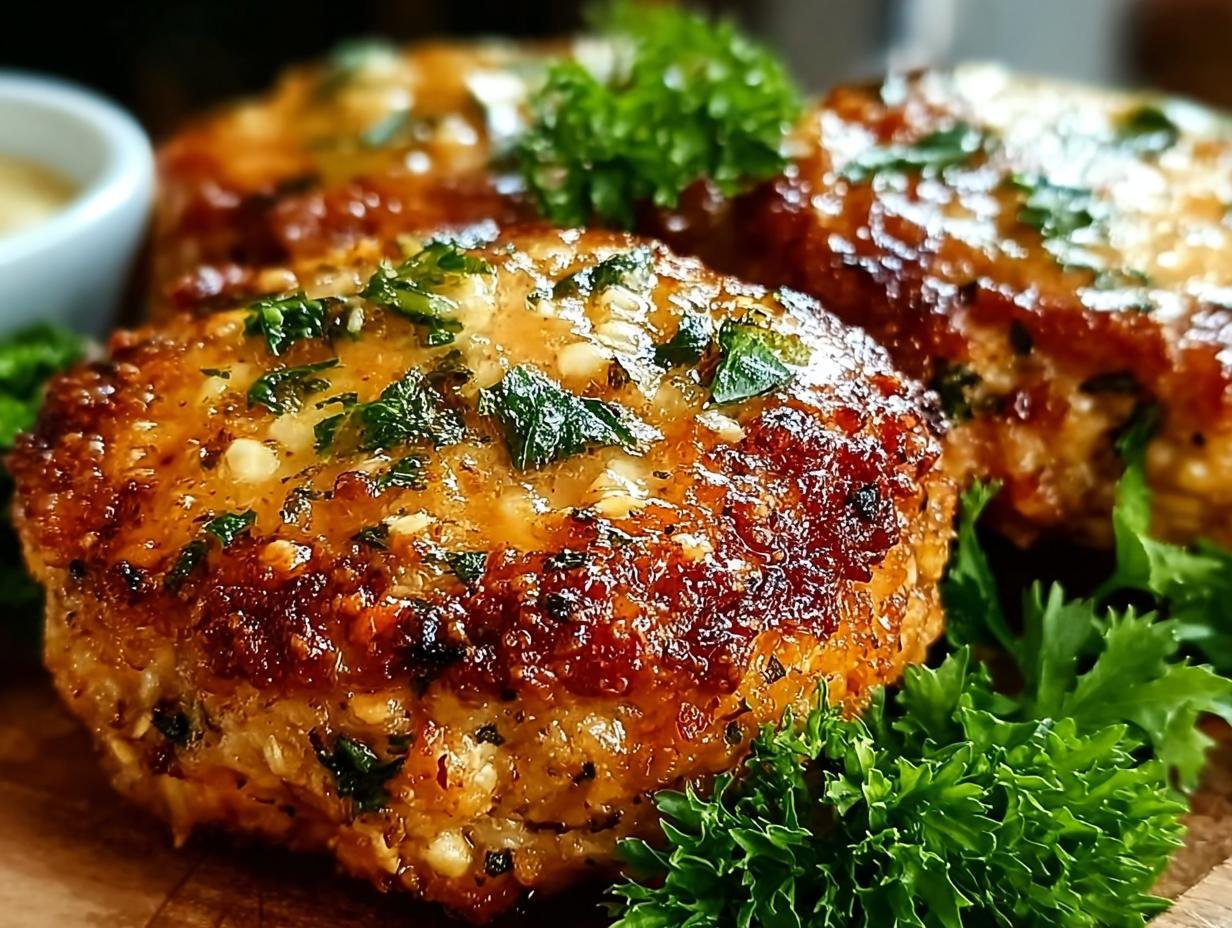 Delicious Garlic Parmesan Chicken Meatloaves in 15 Mins 2 Garlic Parmesan Chicken Meatloaves - close-up of baked mini meatloaves with glaze