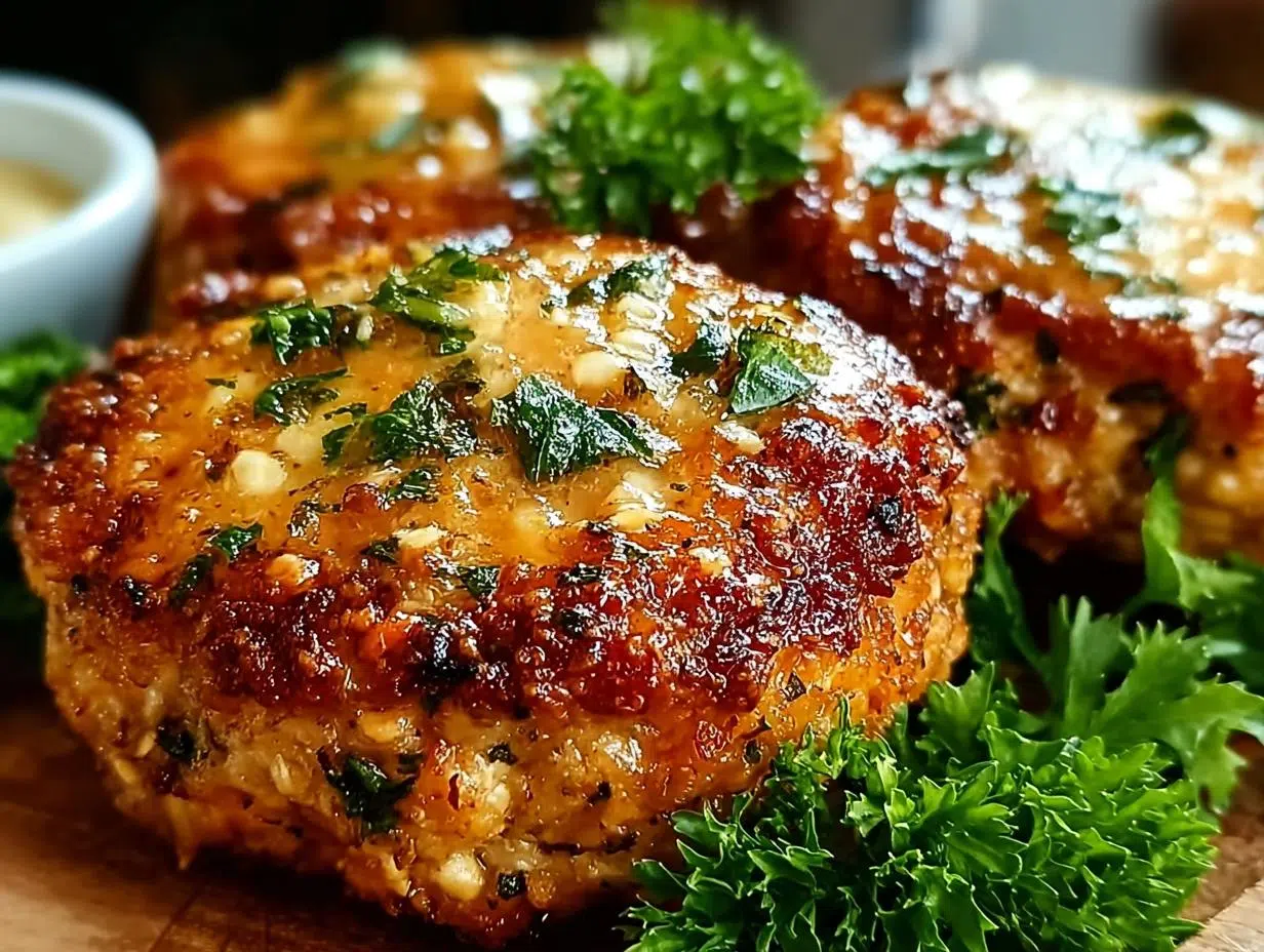 Garlic Parmesan Chicken Meatloaves - close-up of baked mini meatloaves with glaze