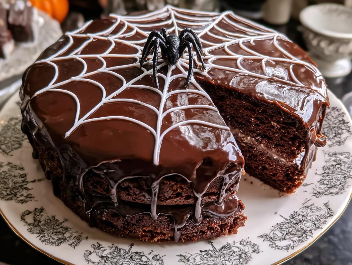 Spiderweb Chocolate Cake: 1 Amazing Halloween Treat 2 Spiderweb Chocolate Cake - close-up of the intricate web design