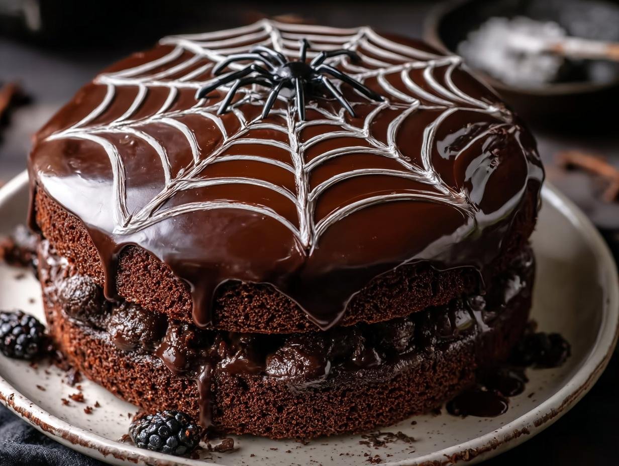 Spiderweb Chocolate Cake: 1 Amazing Halloween Treat 3 Spiderweb Chocolate Cake - a slice showing the moist interior