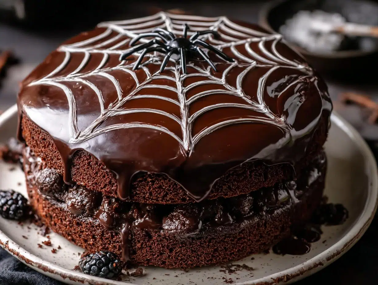 Spiderweb Chocolate Cake - a slice showing the moist interior