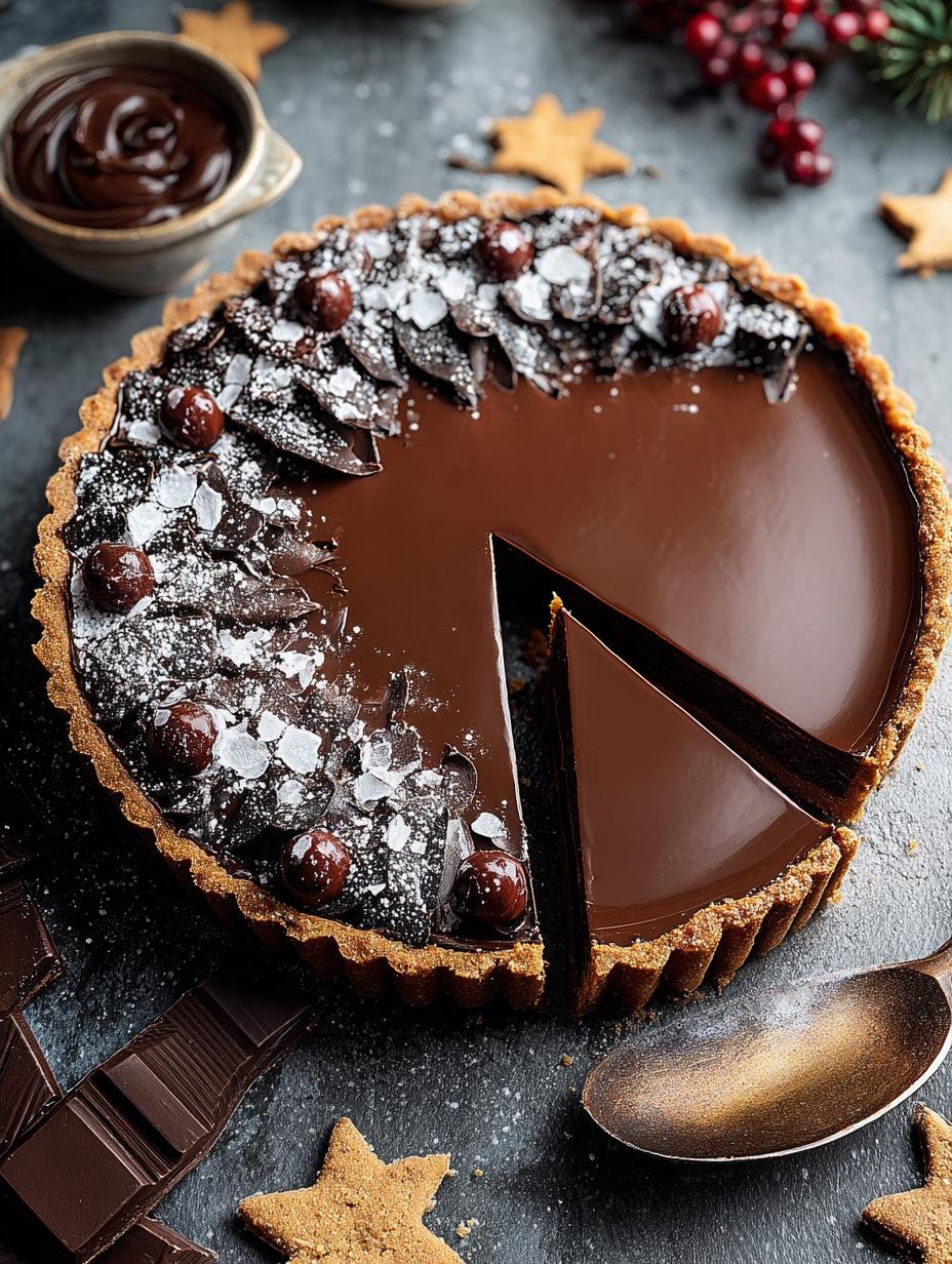 Delicious Vegan Chocolate Gingerbread Tart: 1 Blissful Bite 3 Vegan Chocolate Gingerbread Tart - finished tart with rich chocolate filling
