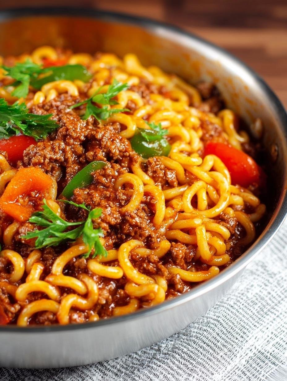 American Chop Suey with Ground Beef and Cheese Comfort - American Chop Suey with - additional detail