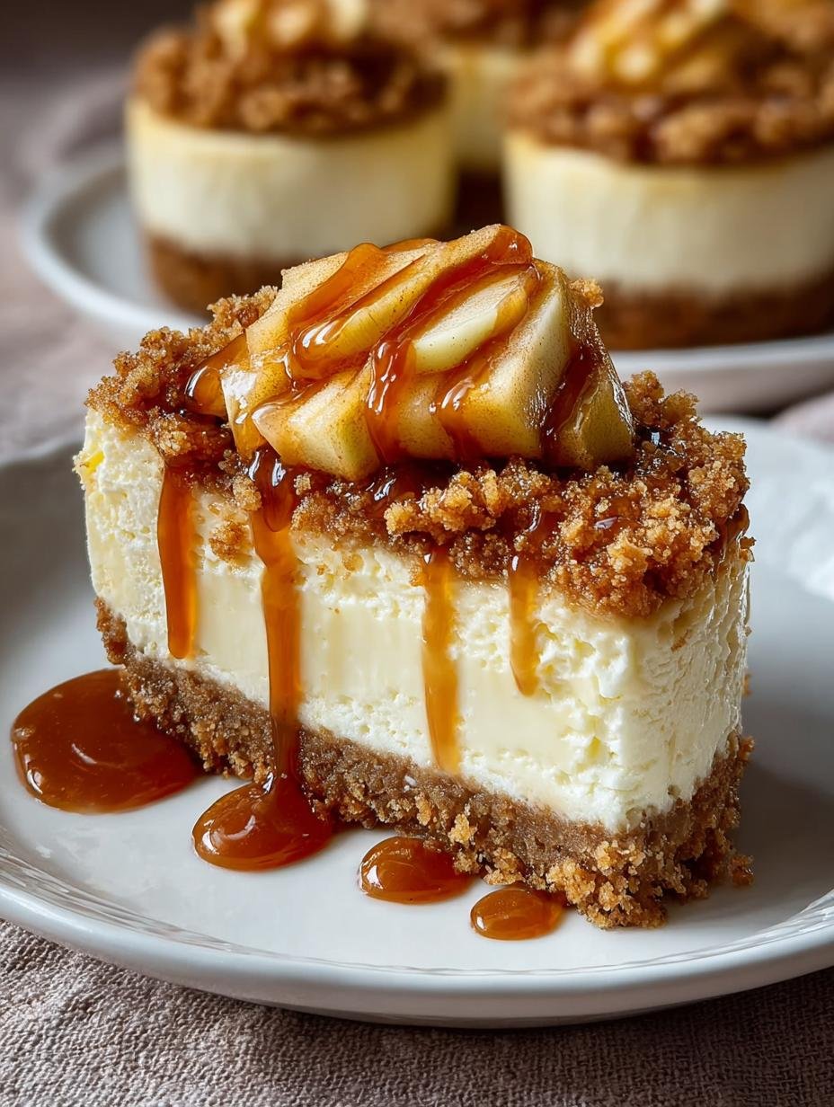 Caramel Apple Crisp Cheesecake: 12 Layers of Deliciousness 3 Close-up of Caramel Apple Crisp Cheesecake showcasing the layers and caramel drizzle