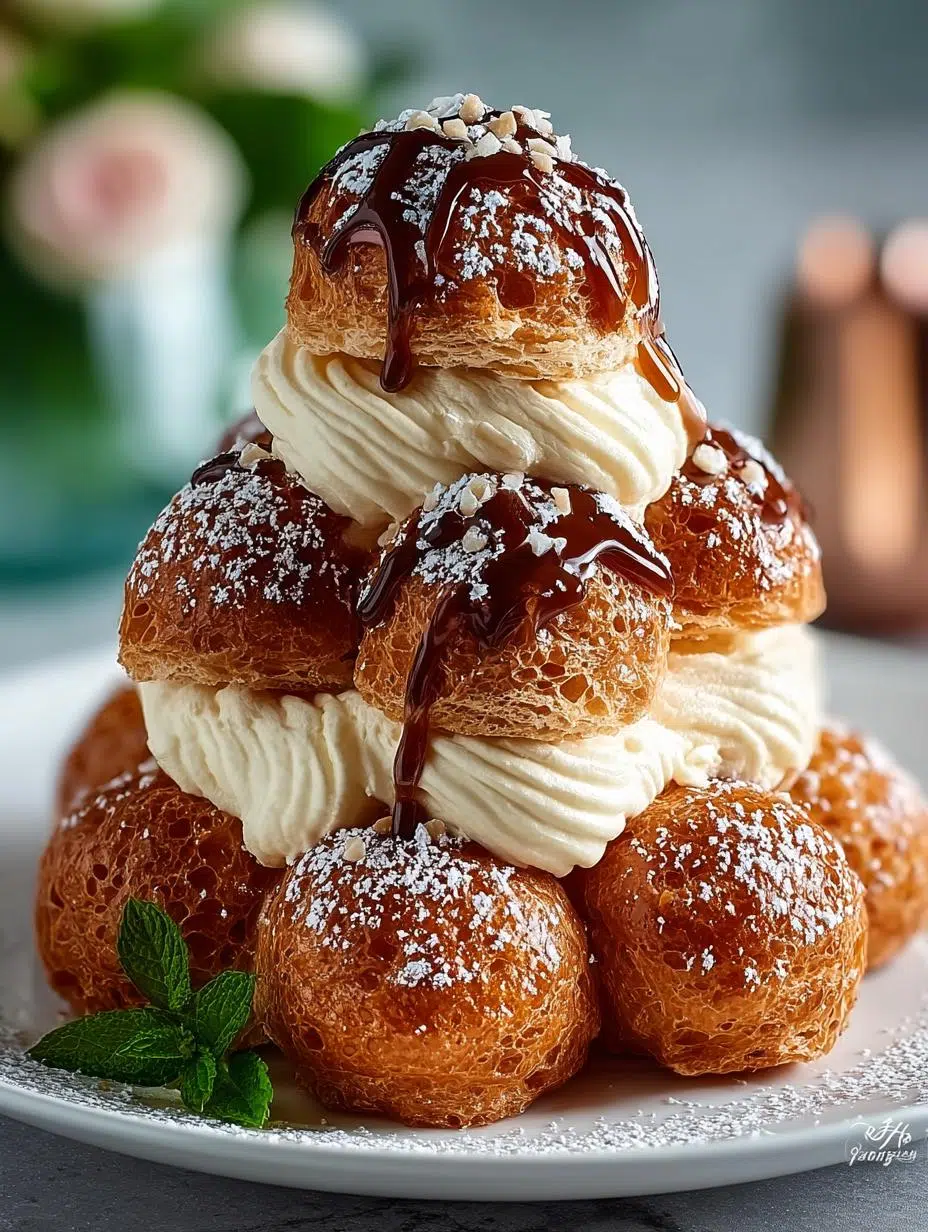 Caramel Cream Croquembouche Tower: A Stunning Dessert - Caramel Cream Croquembouche Tower - main visual representation