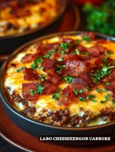 Delicious bacon cheeseburger casserole topped with melted cheese and crispy bacon.