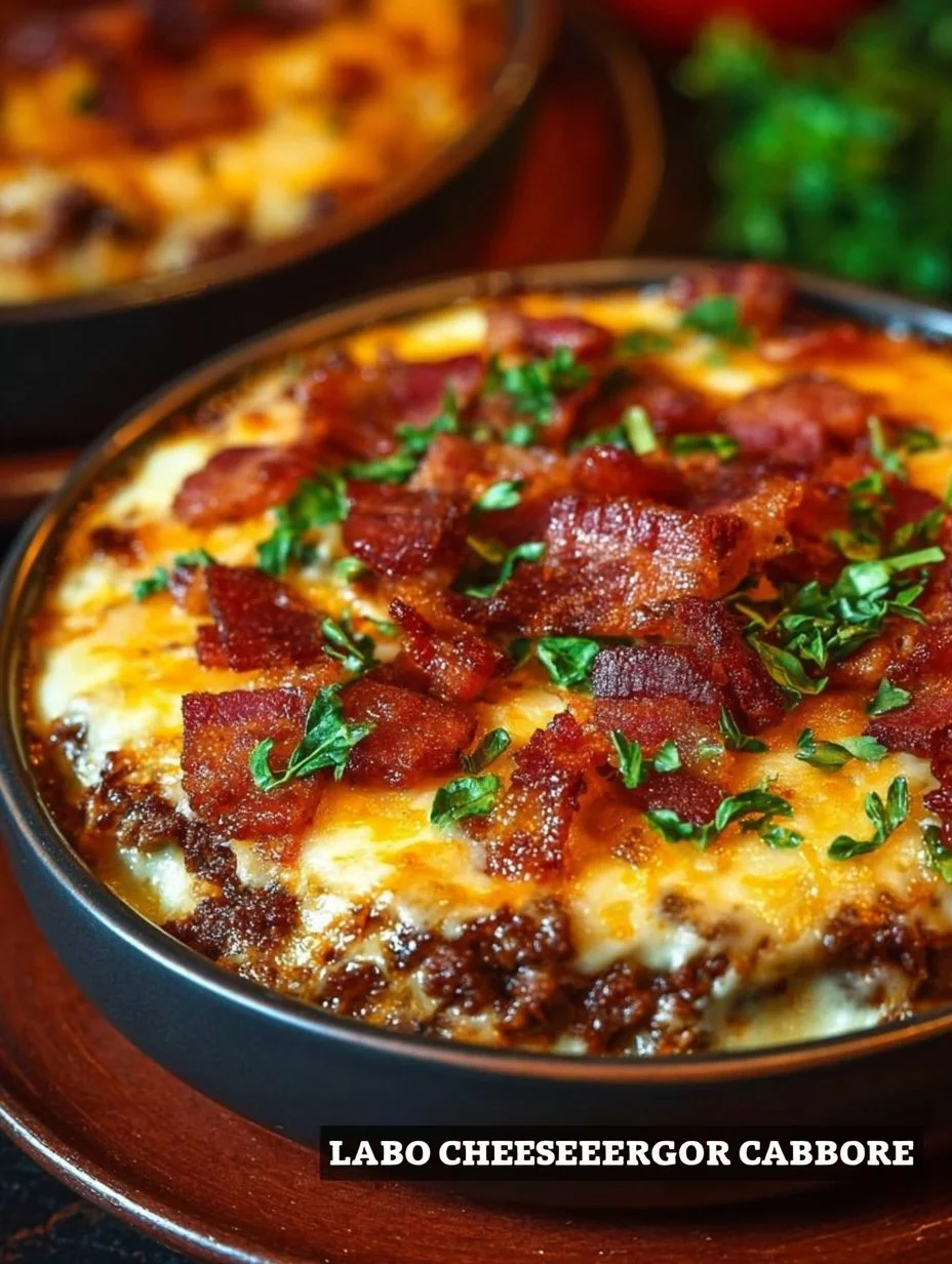 Delicious bacon cheeseburger casserole topped with melted cheese and crispy bacon.