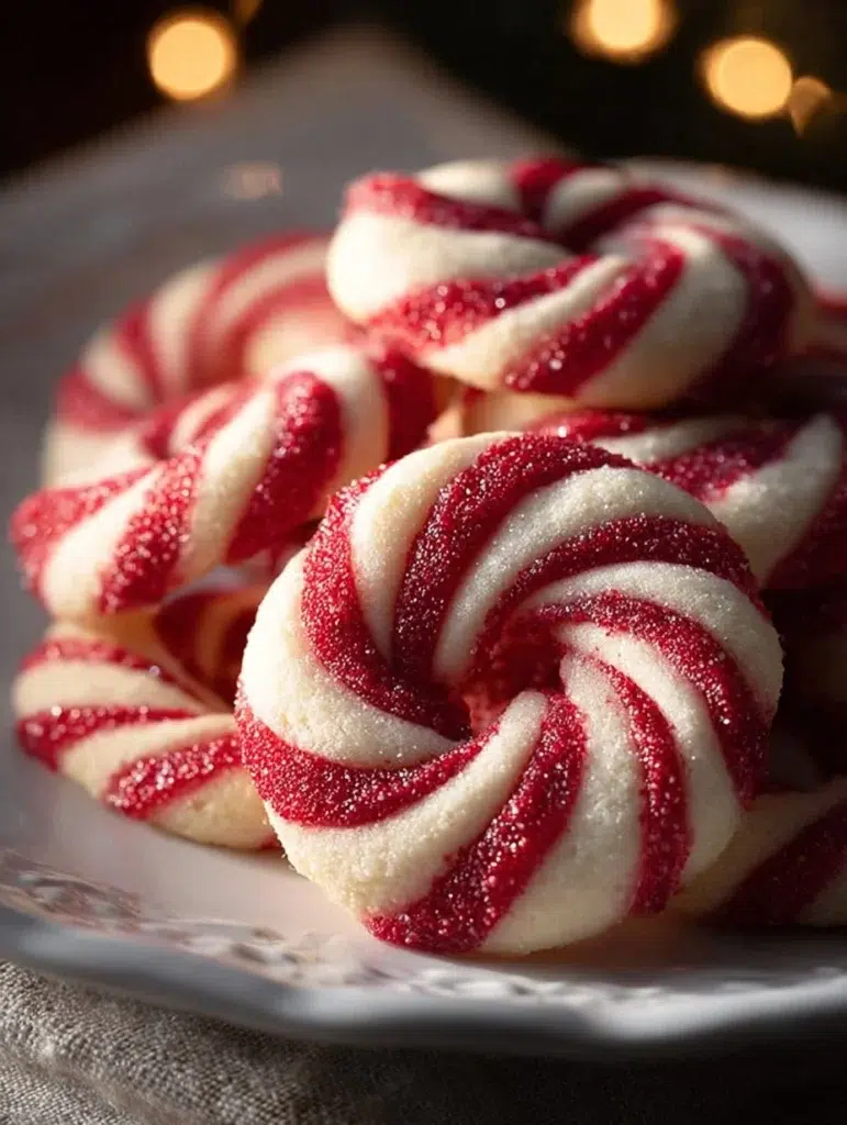 Plate of freshly baked Candy Cane Cookies decorated with red and green stripes