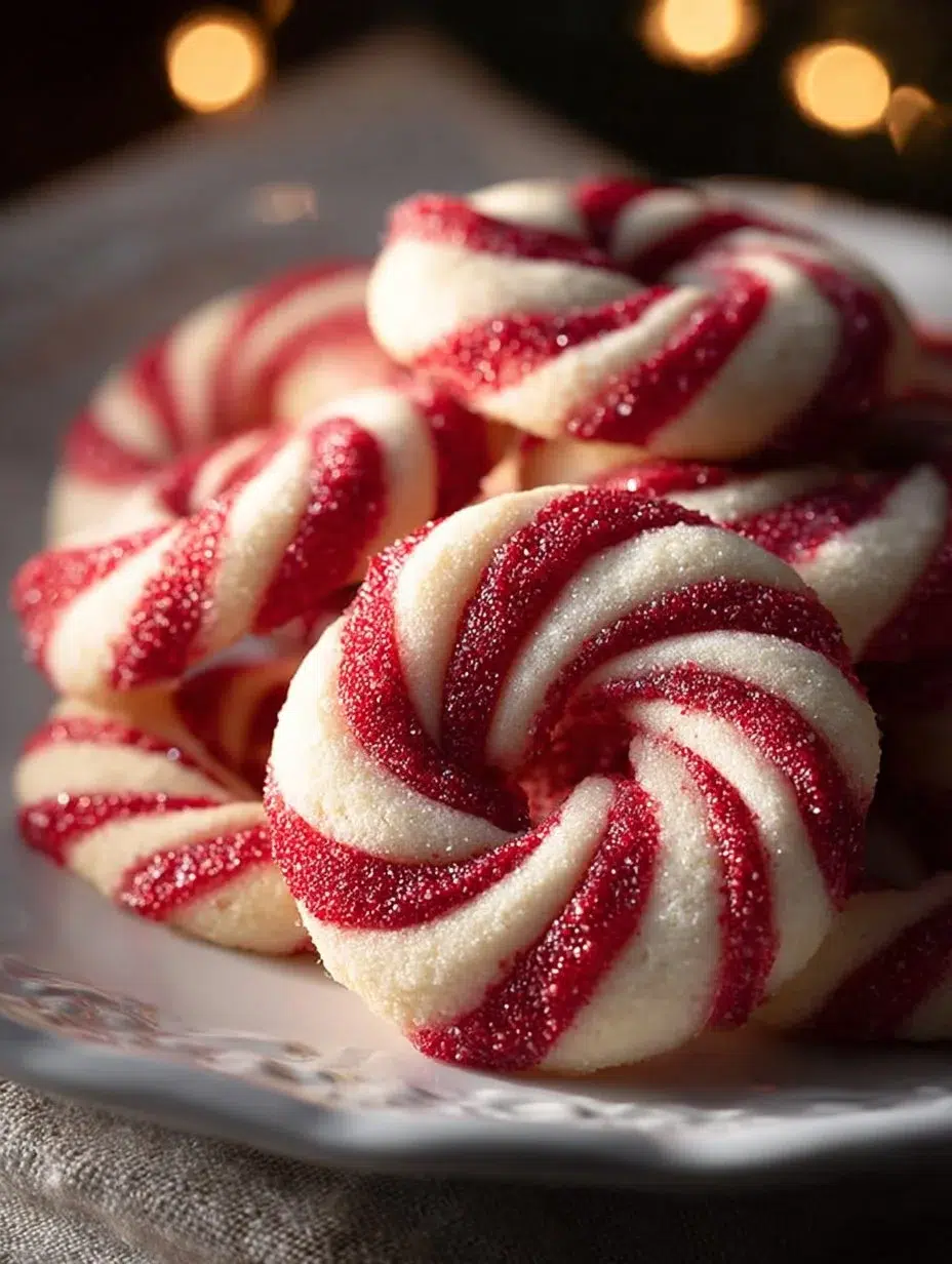 Plate of freshly baked Candy Cane Cookies decorated with red and green stripes