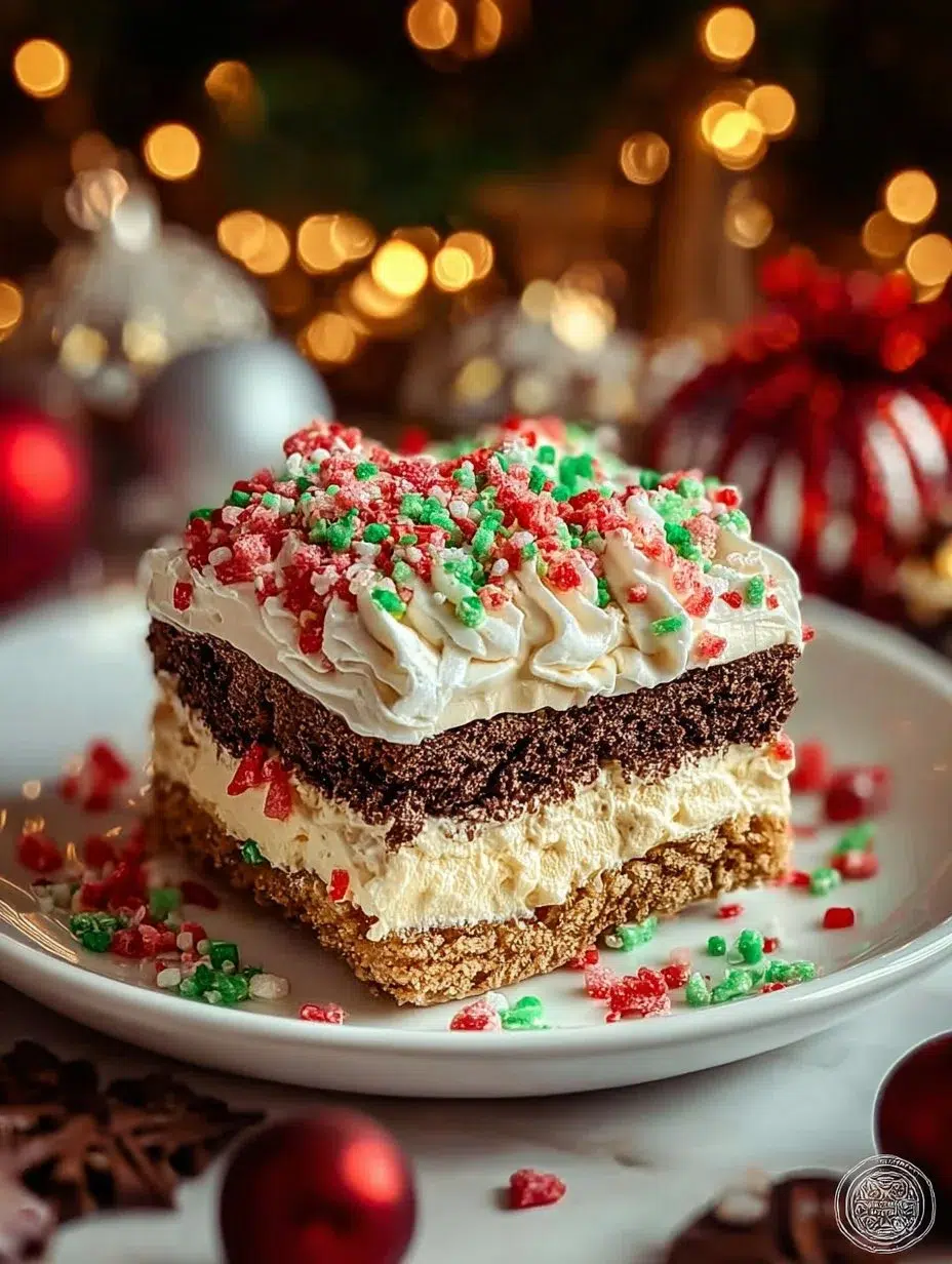 Christmas dessert lasagna made with layers of cream cheese and chocolate pudding