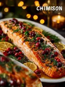 A beautifully plated Christmas Salmon dish garnished with herbs and lemon.