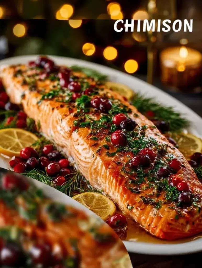 A beautifully plated Christmas Salmon dish garnished with herbs and lemon.
