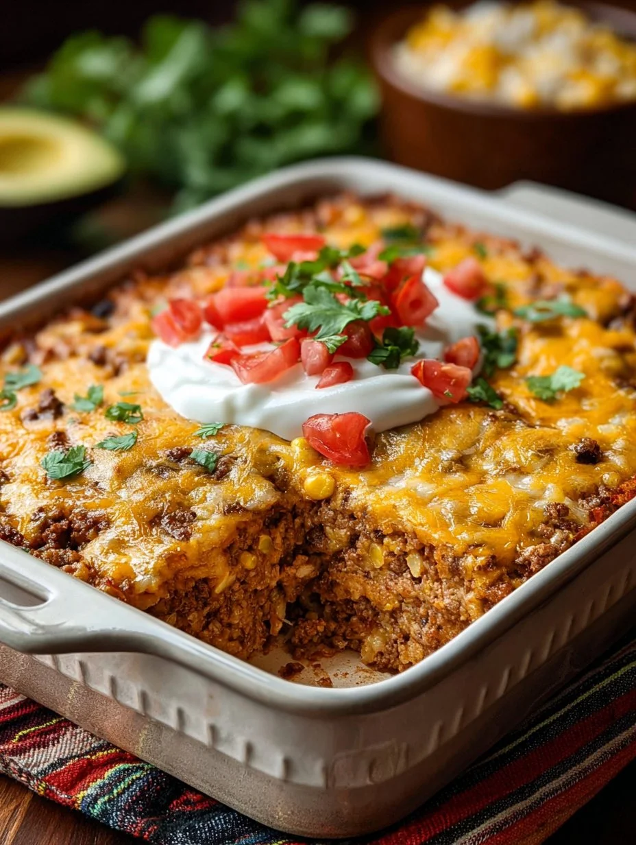 Delicious Keto Taco Casserole 1 Delicious keto taco casserole topped with cheese and avocado in a bowl