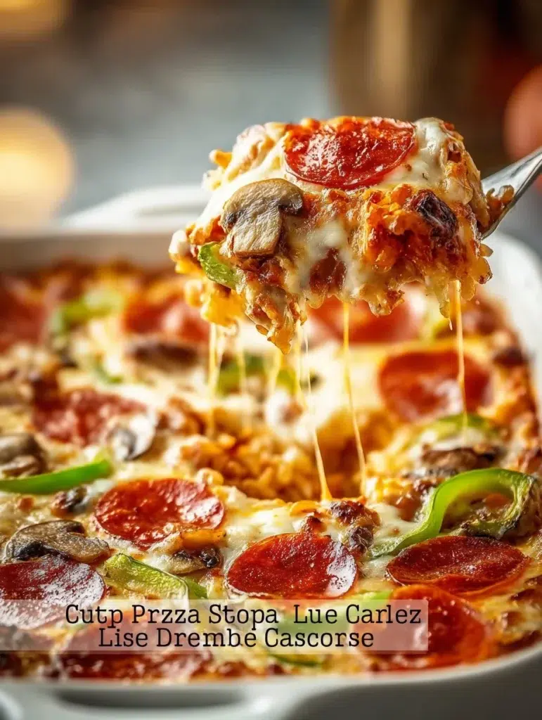 Delicious low carb pizza casserole served in a baking dish.