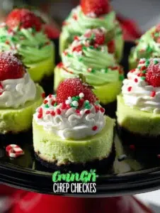 Grinch Mini Cheesecakes 8 Festive Grinch Mini Cheesecakes decorated for Christmas