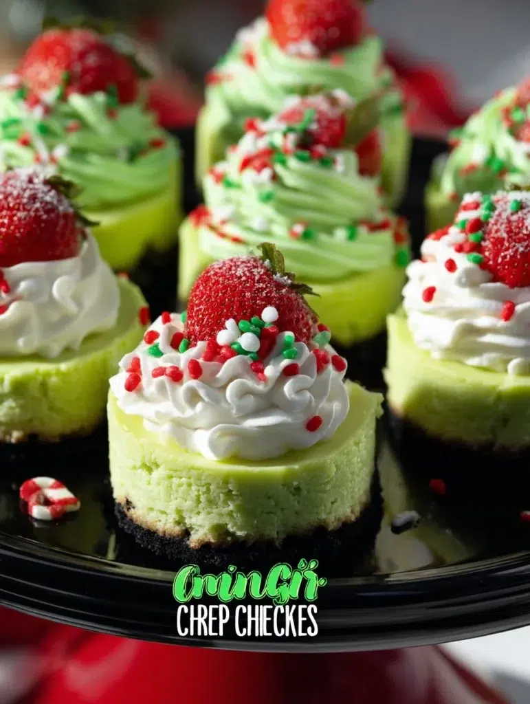Festive Grinch Mini Cheesecakes decorated for Christmas