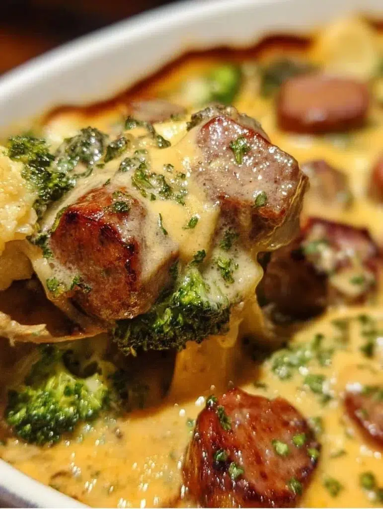 Keto Au Gratin with broccoli, cauliflower, and sausage in a cheesy sauce.