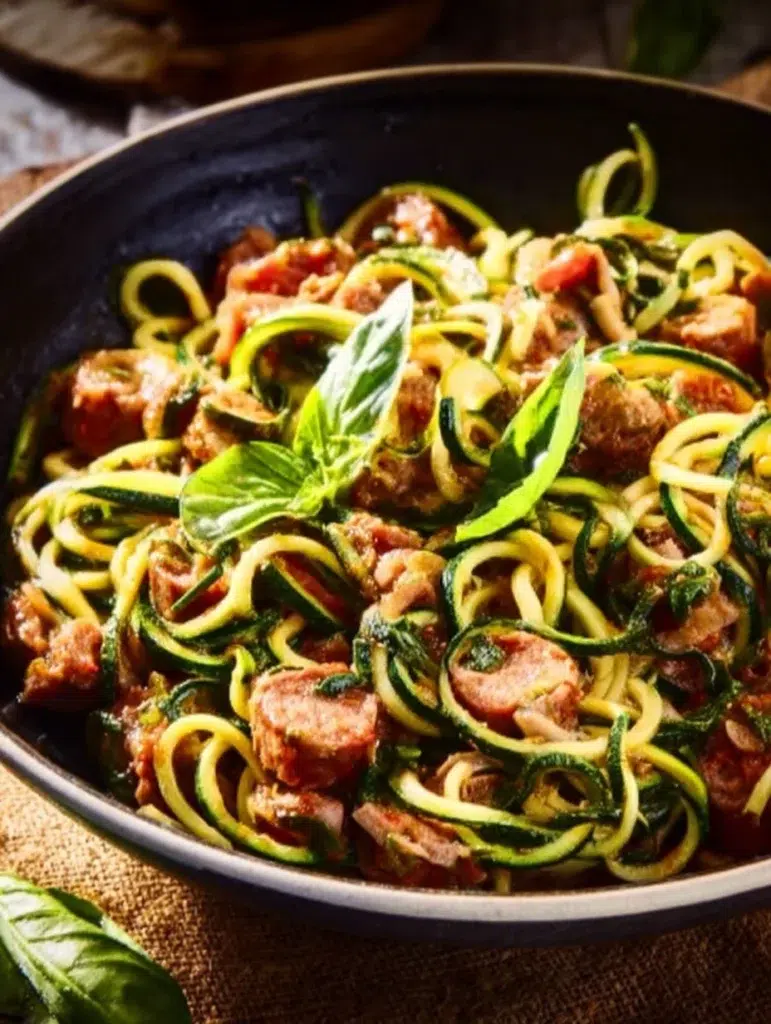 Keto Creamy Tuscan Zucchini Noodles with Sausage served in a bowl