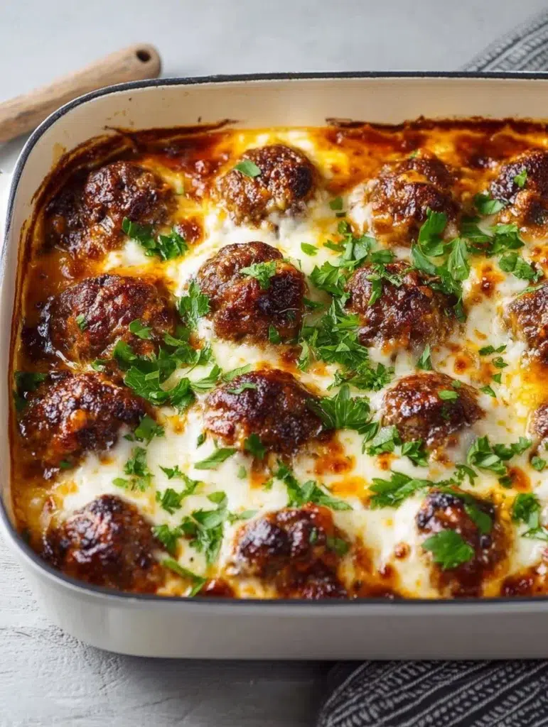 Delicious Keto Meatball Parmesan casserole topped with cheese and herbs.