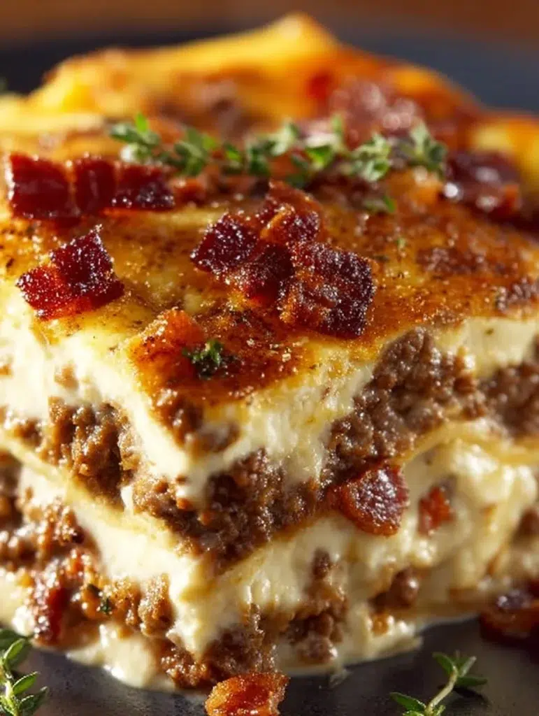 Low-carb bacon cheeseburger casserole topped with cheese and crispy bacon