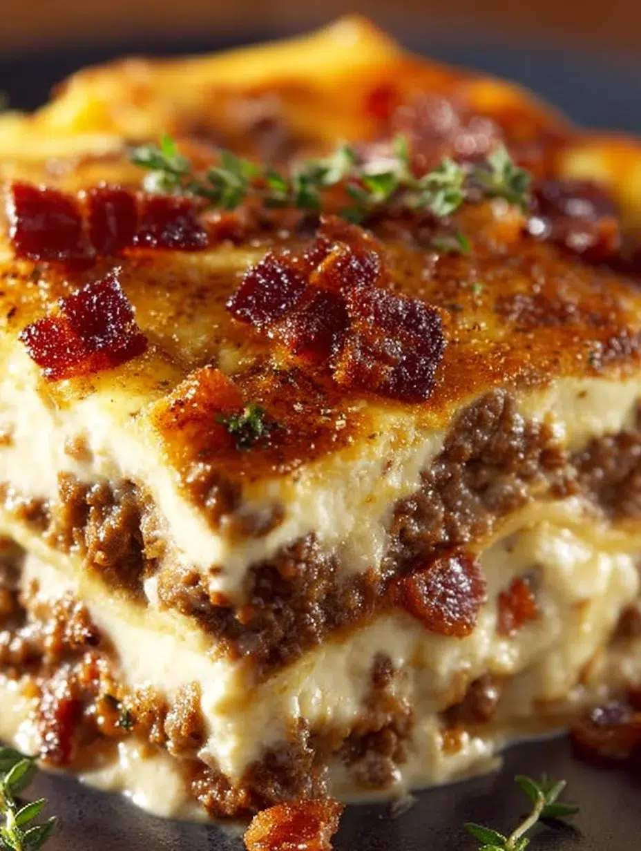 Low-carb bacon cheeseburger casserole topped with cheese and crispy bacon