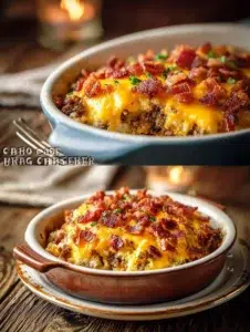 Delicious low carb bacon cheeseburger casserole topped with melted cheese and crispy bacon.