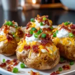 Air fryer loaded potatoes served with melted cheese and toppings.