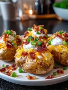 Air fryer loaded potatoes served with melted cheese and toppings.