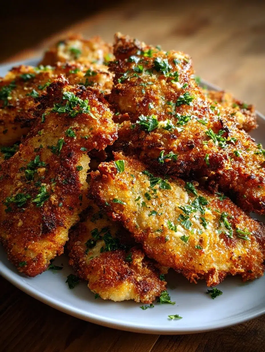 Crispy Air Fryer Parmesan Crusted Chicken served on a plate with garnishes.