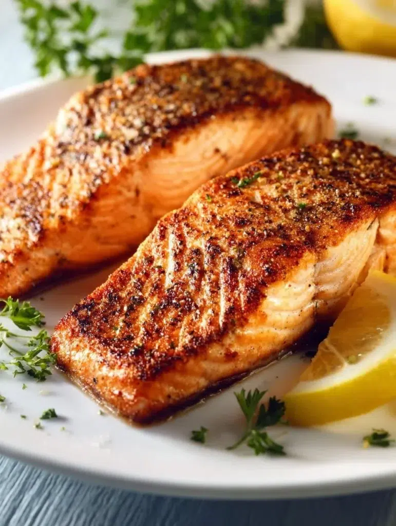Delicious air fryer salmon with herbs and lemon on a plate