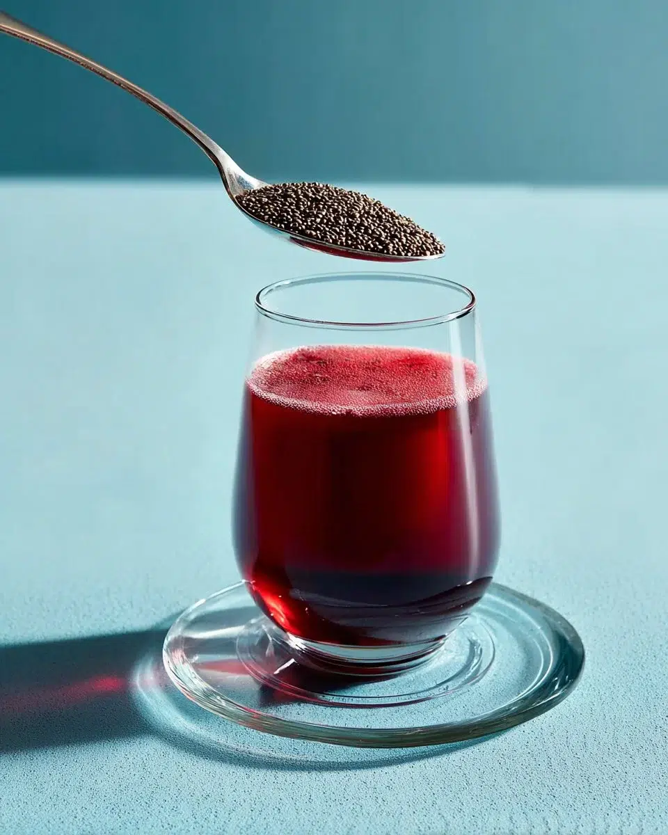 Beetroot Chia Detox Drink in a glass with fresh ingredients around it.