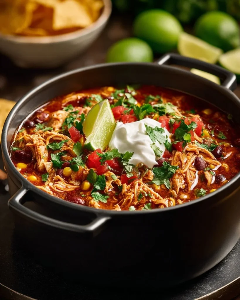 Bowl of Chicken Enchilada Soup with garnishes and toppings