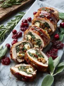 Christmas stuffed pork tenderloin with herbs and stuffing on a festive table