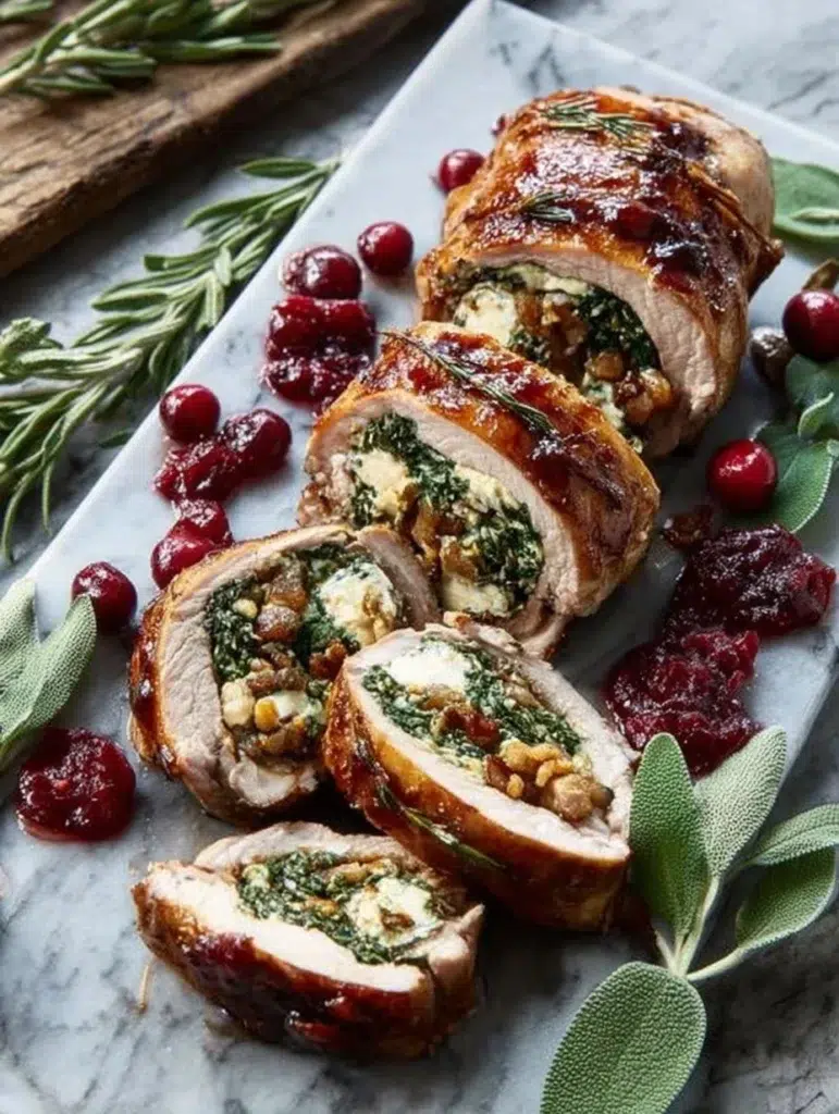 Christmas stuffed pork tenderloin with herbs and stuffing on a festive table