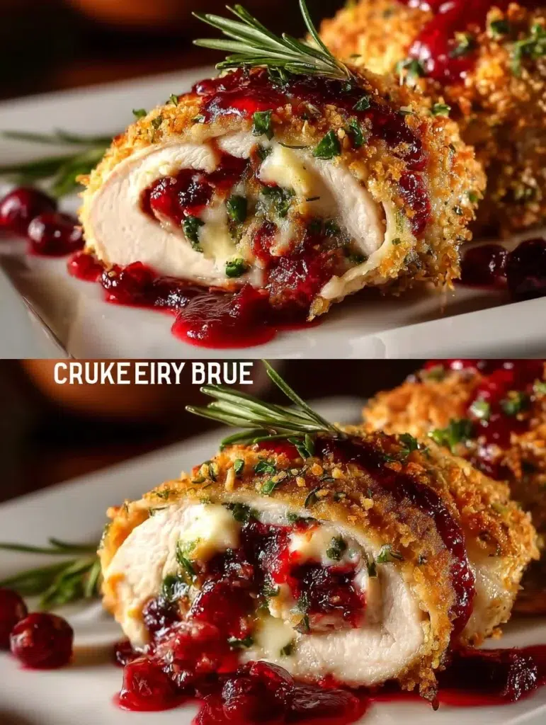 Delicious Cranberry Brie Stuffed Chicken with herbs and cranberry sauce