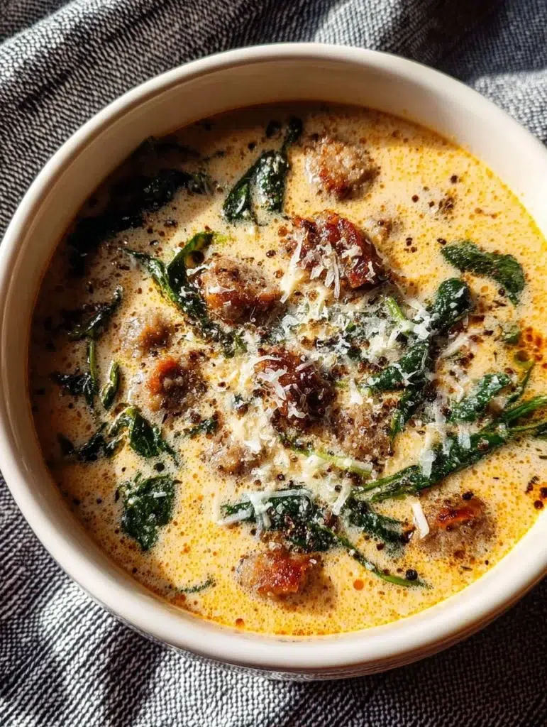 Creamy Keto Italian Sausage Soup in a bowl, showcasing low-carb ingredients.