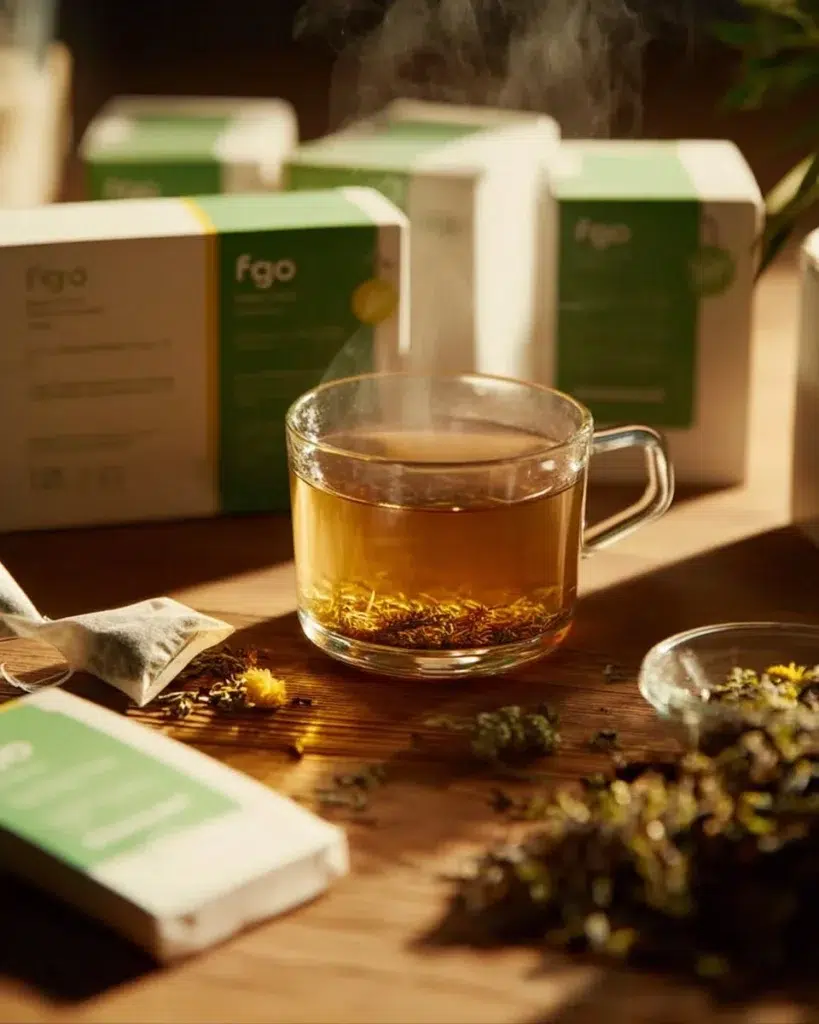 A steaming cup of FGO tea with loose tea leaves and brewing tools.