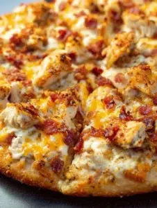 Keto Chicken Bacon Ranch Pizza topped with cheese and herbs