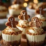 No-bake gingerbread cheesecake cups topped with festive decorations