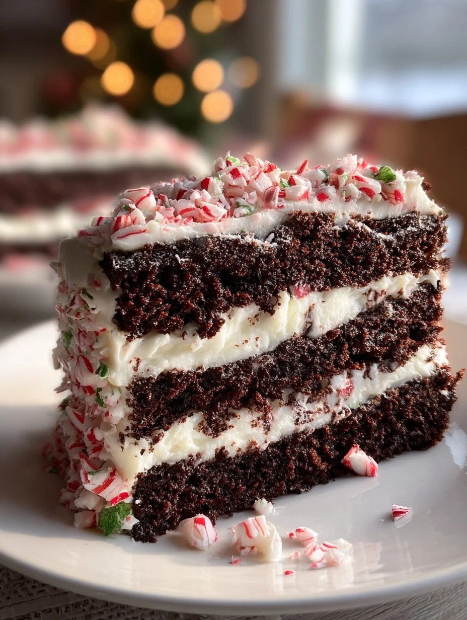 Delicious Peppermint Mocha Christmas Cake topped with peppermint and chocolate