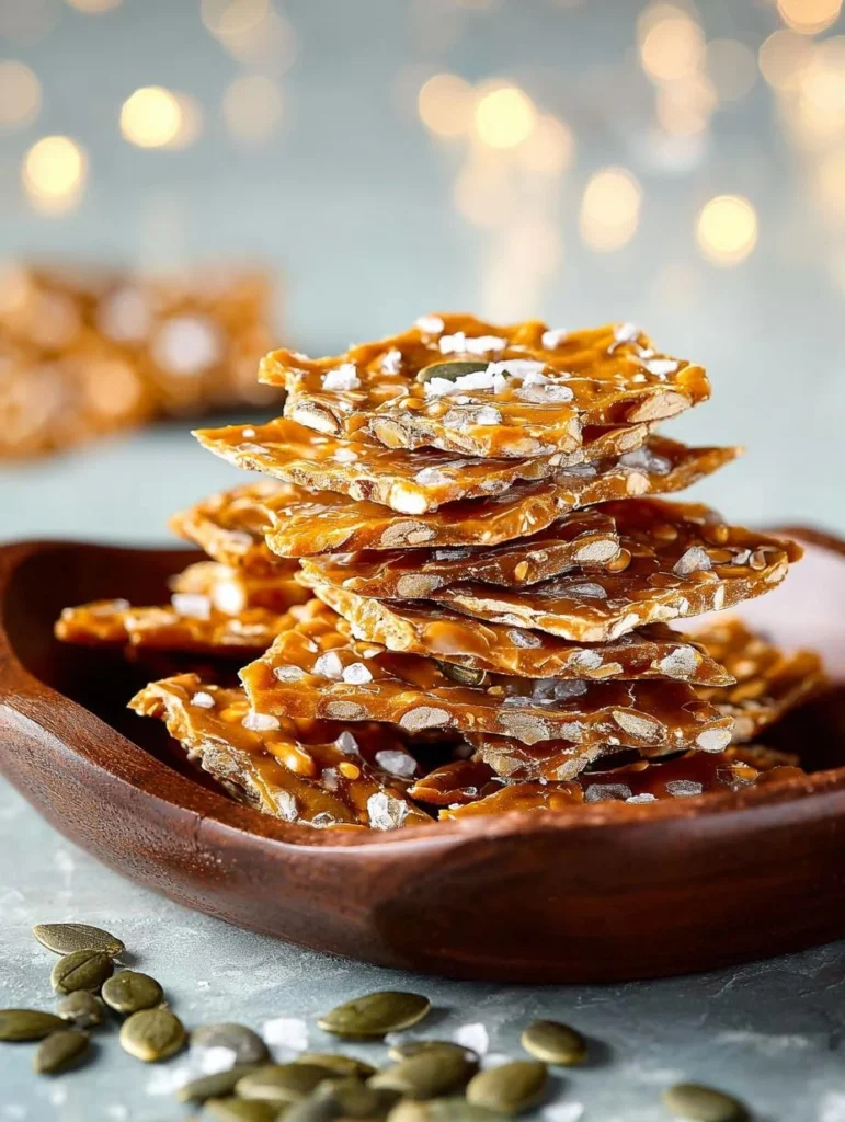 Homemade pumpkin brittle with nuts and spices on a wooden table.