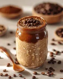 Bowl of shaken espresso overnight oats topped with coconut and nuts