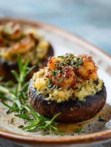Shrimp stuffed portobello mushrooms topped with cheese and herbs