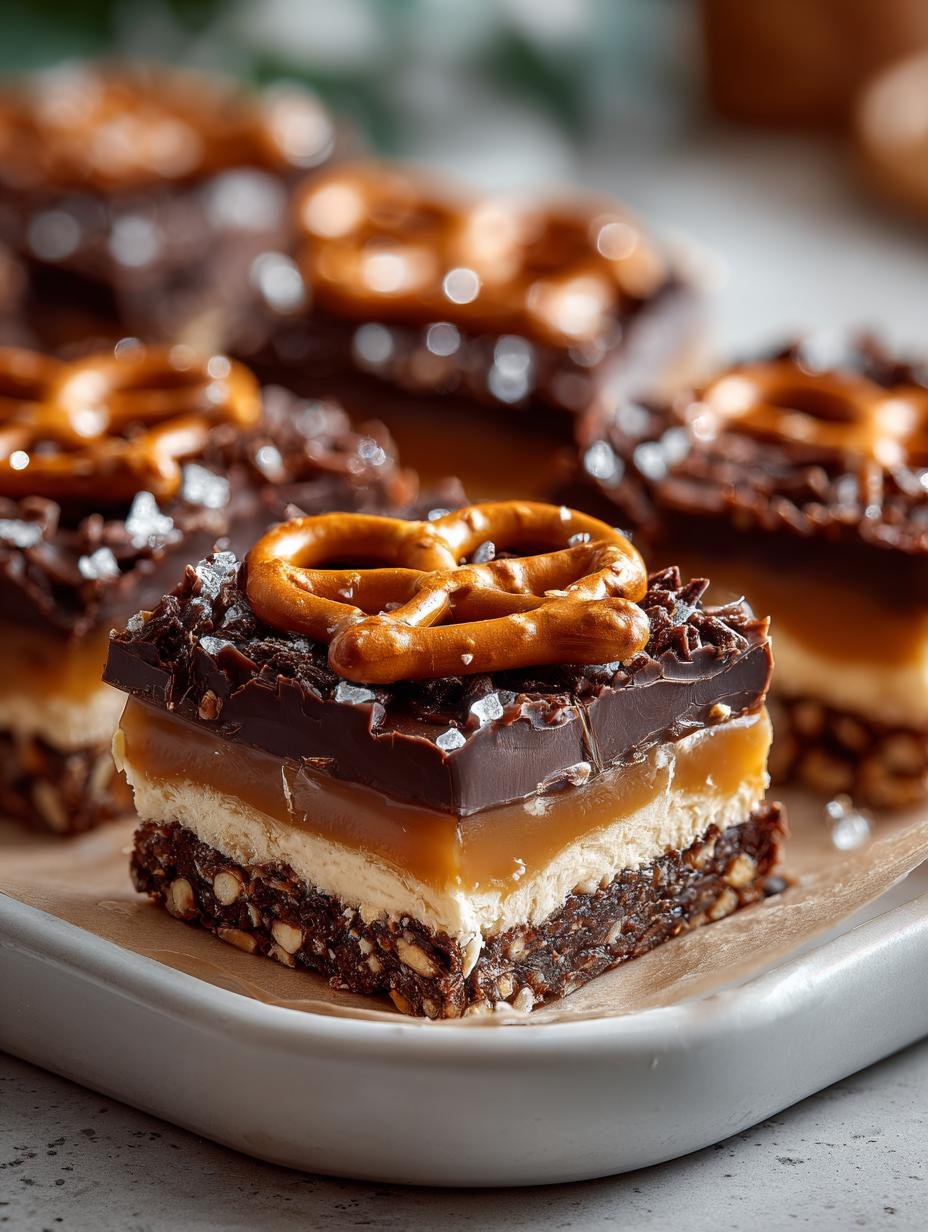 Delicious Chocolate Caramel Coffee Pretzel Bars ready to be served