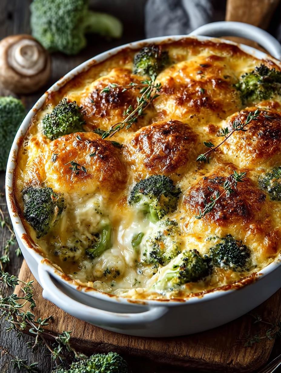 Creamy Broccoli Cheddar Casserole with Garlic Pretzels - Creamy Broccoli Cheddar Casserole - main visual representation