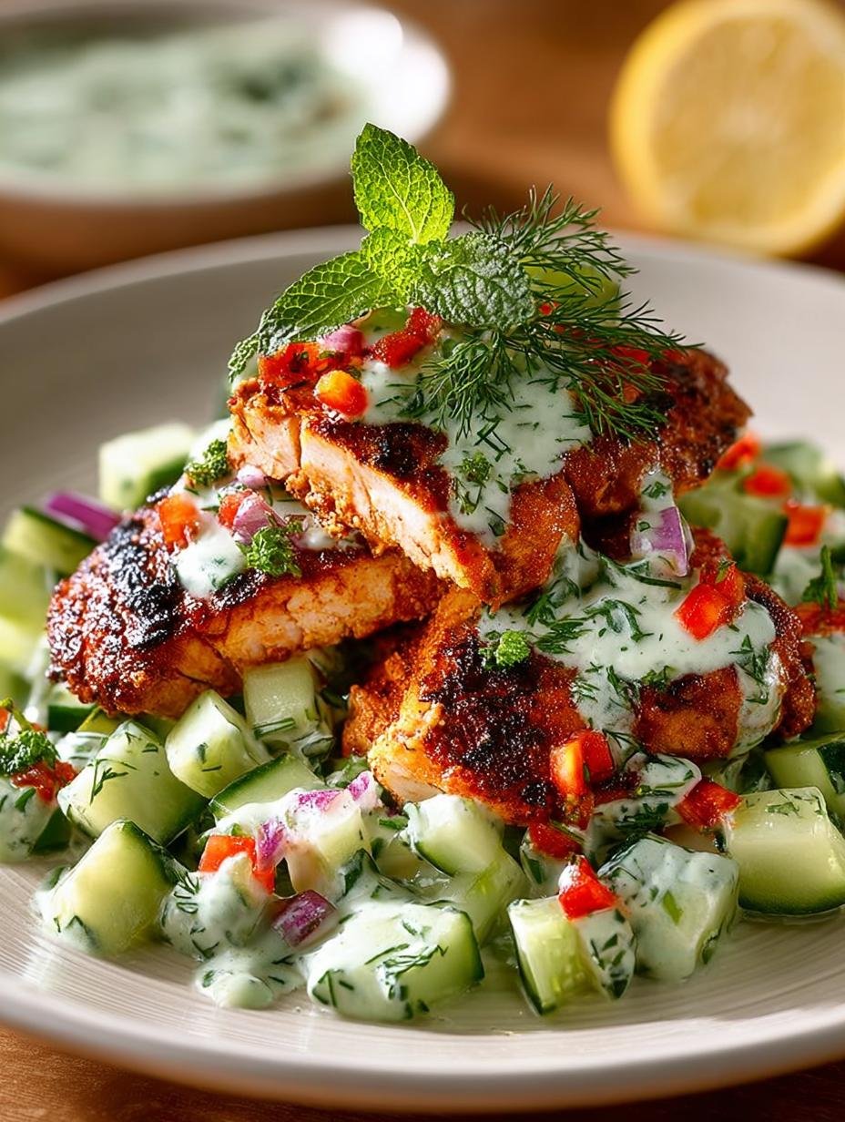 Spicy Mediterranean Chicken with Creamy Cucumber Salad Recipe - Spicy Mediterranean Chicken with - main visual representation
