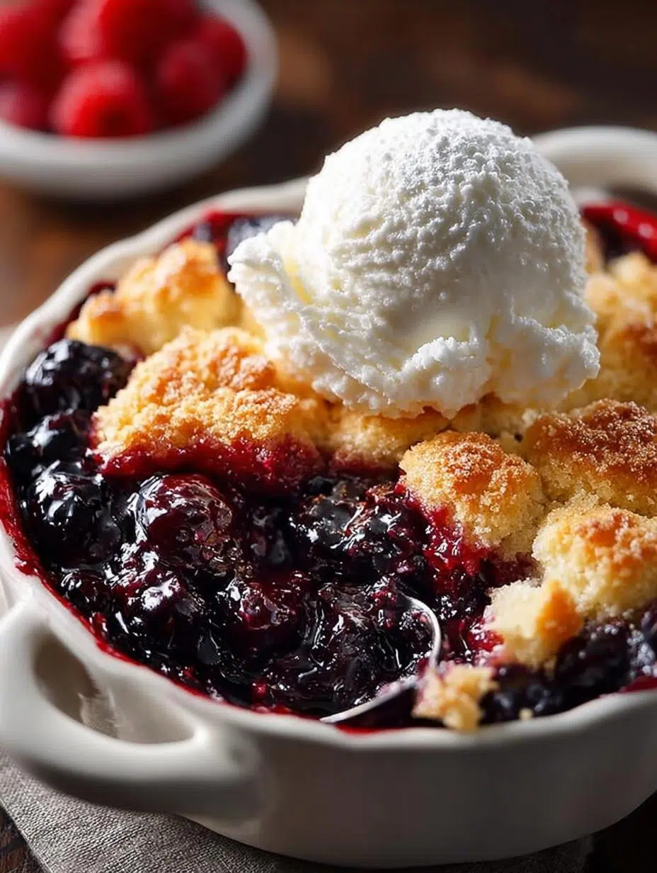 Delicious Sugar Cookie Berry Cobbler served warm with ice cream
