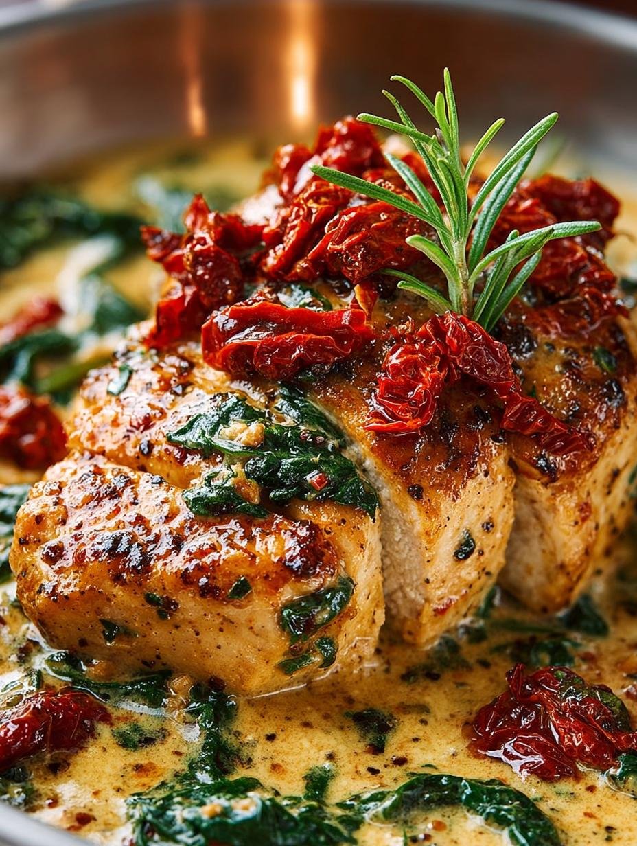 Irresistible Sun Dried Tomato Chicken in Creamy Sauce served with fresh basil