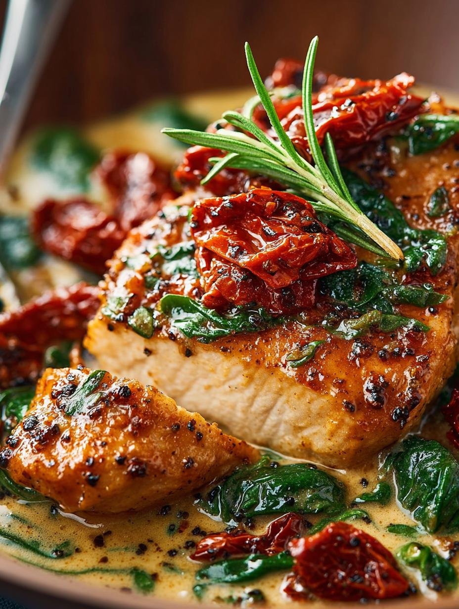 Delicious Sun Dried Tomato Chicken in Creamy Sauce with spinach